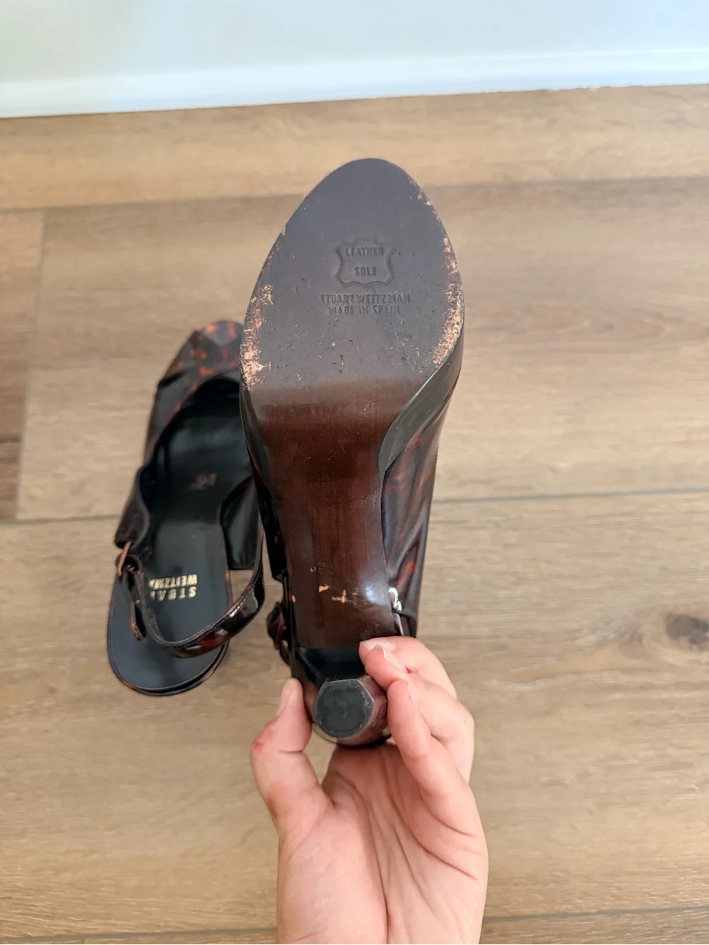 Stuart Weitzman Tortoiseshell Patent Leather Peep-Toe Platform Slingbacks